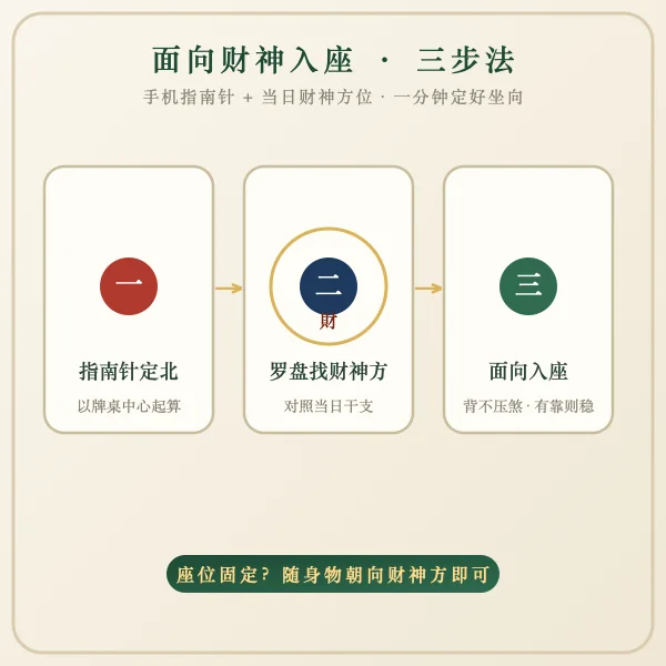 面向财神入座三步法示意图