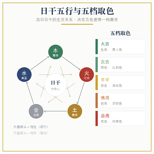 五行生克与穿衣五档示意：土日为纲，火色为大吉贵人色、土色为次吉帮身色、木色为忌受克色