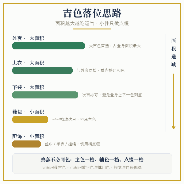 穿搭落位示意：上装外套取大吉色与次吉色，鞋包配饰小面积点缀