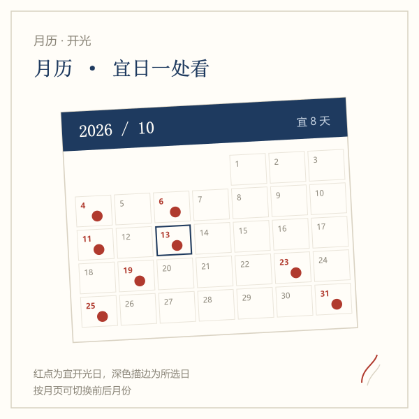 2026年2月开光吉日月历示意