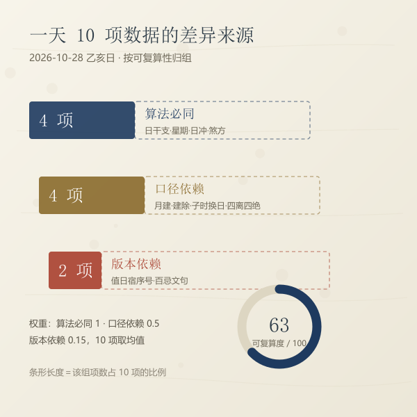 一页黄历的十项数据按复算性分三组:算法必同、口径依赖、版本依赖