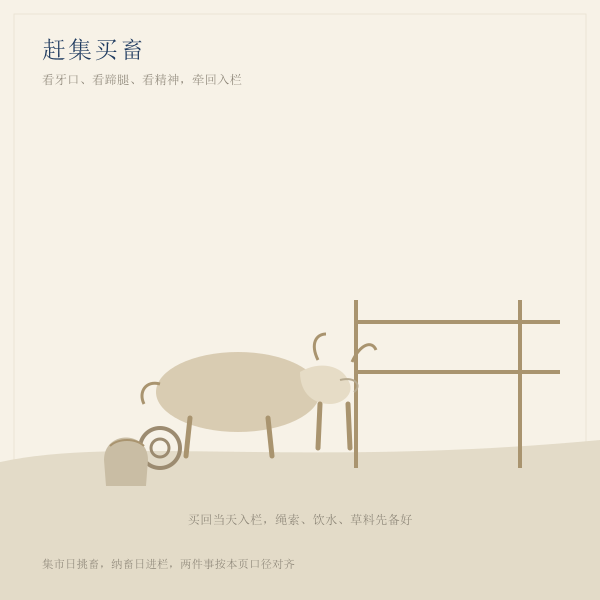 集市买牲畜场景：绳、筐与畜栏