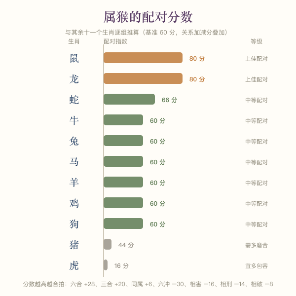 属猴与其余十一个生肖的配对分数横向条图