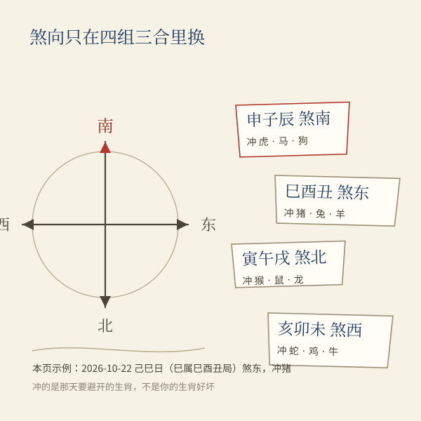 三合局煞向罗盘：申子辰煞南、亥卯未煞西、寅午戌煞北、巳酉丑煞东，并列出与日支相冲的生肖