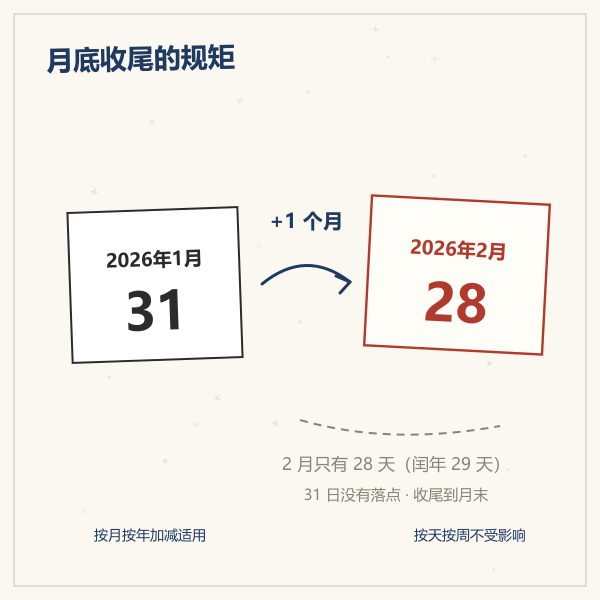 月末钳制示意：2026 年 1 月 31 日加一个月落在 2026 年 2 月 28 日