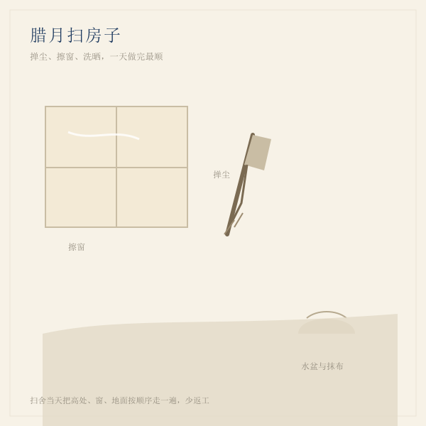 腊月扫尘场景：扫帚、掸子、窗与水盆