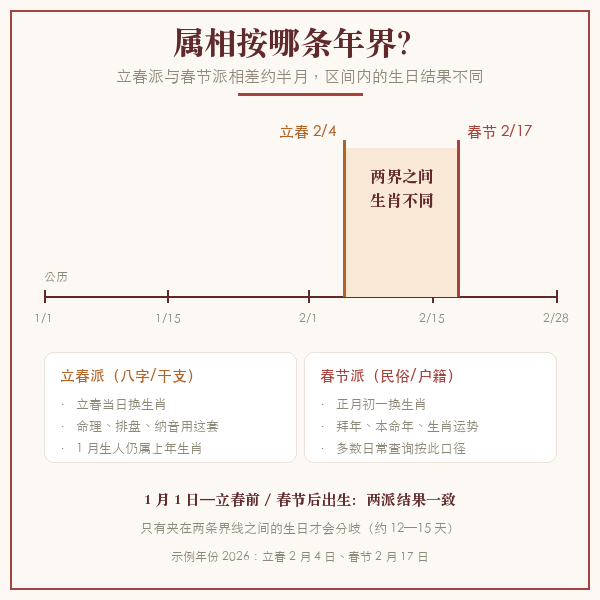 生肖换岁双界示意：2026 年春节 2 月 17 日与立春 2 月 4 日之间出生者两种属相不同