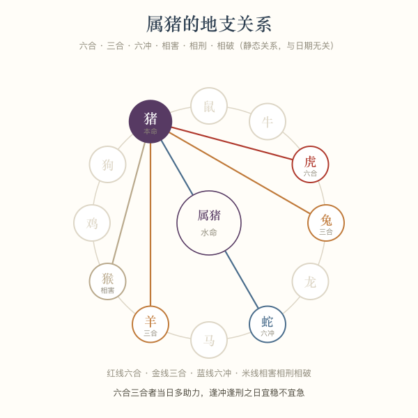 属猪的地支关系轮盘:六合、三合、六冲、相害、相刑、相破