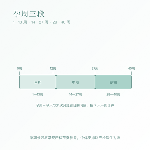 孕周三段标尺示意:孕早期 1—13 周、孕中期 14—27 周、孕晚期 28—40 周