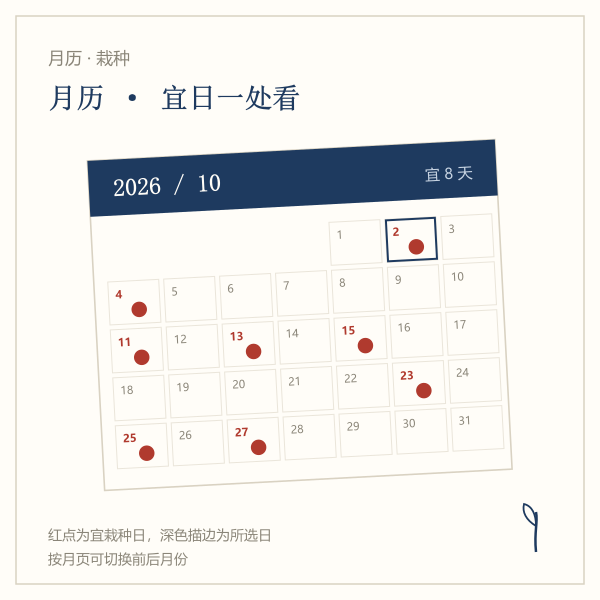2026年1月栽种吉日月历示意
