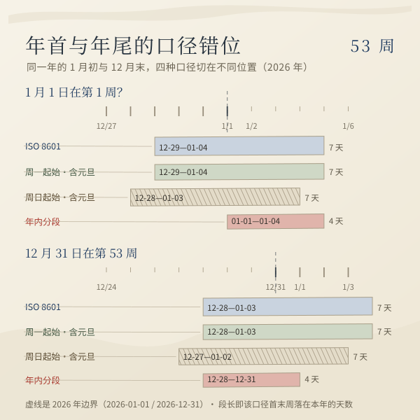 2026 年年初与年末四种周次口径错层对照示例图